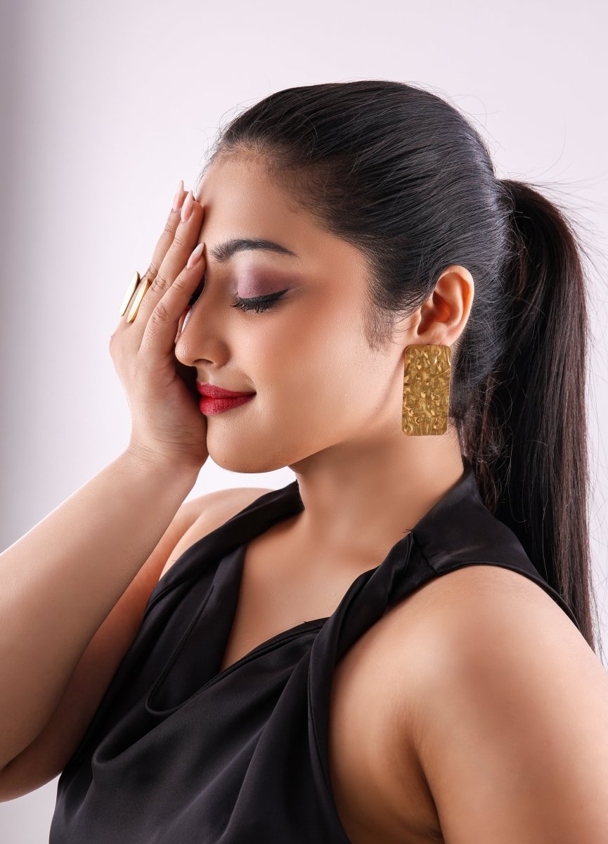 Gold Tone Textured Plate Earrings - Jiaarajewellery