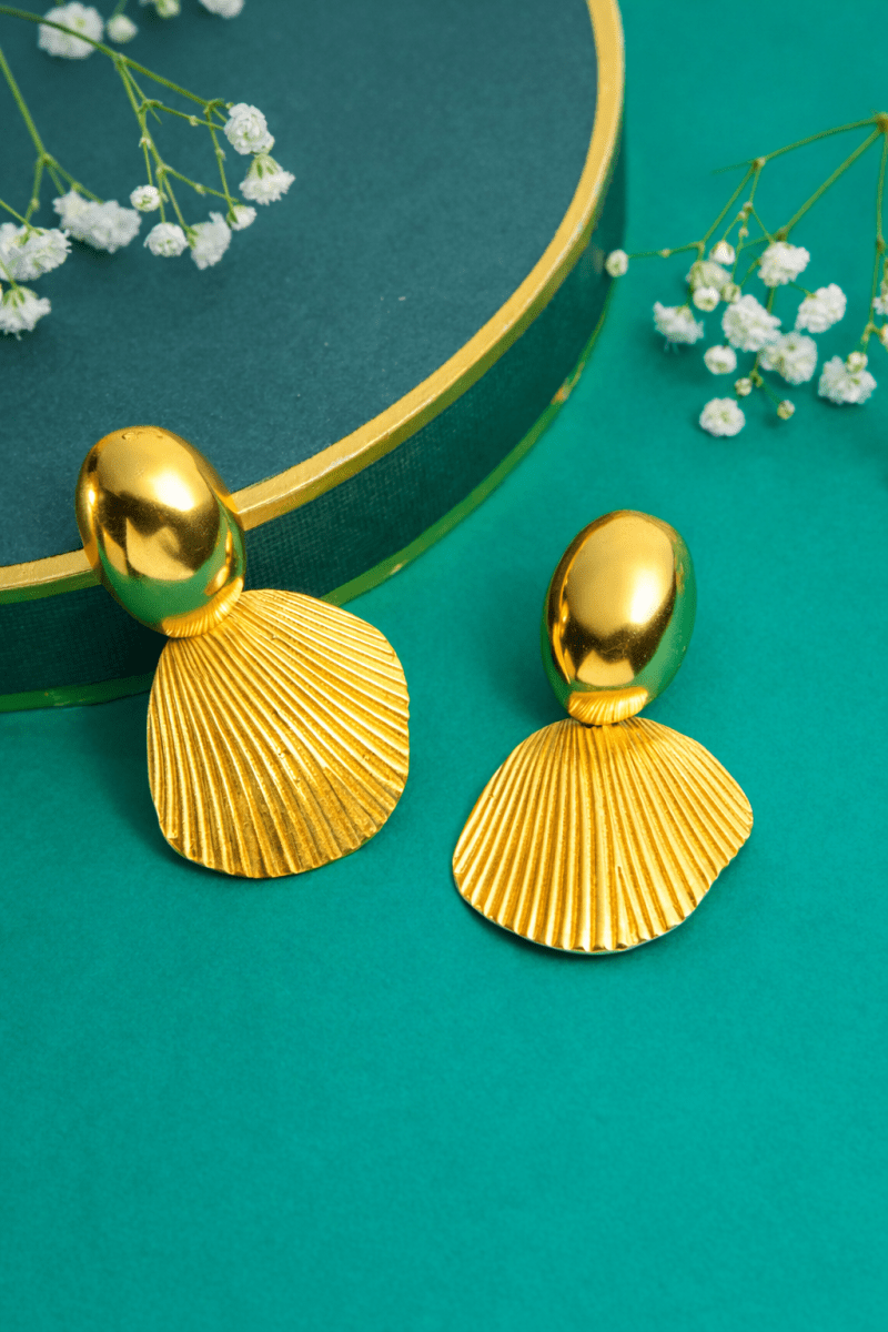 Gold Tone Textured Shell Earrings - Jiaarajewellery