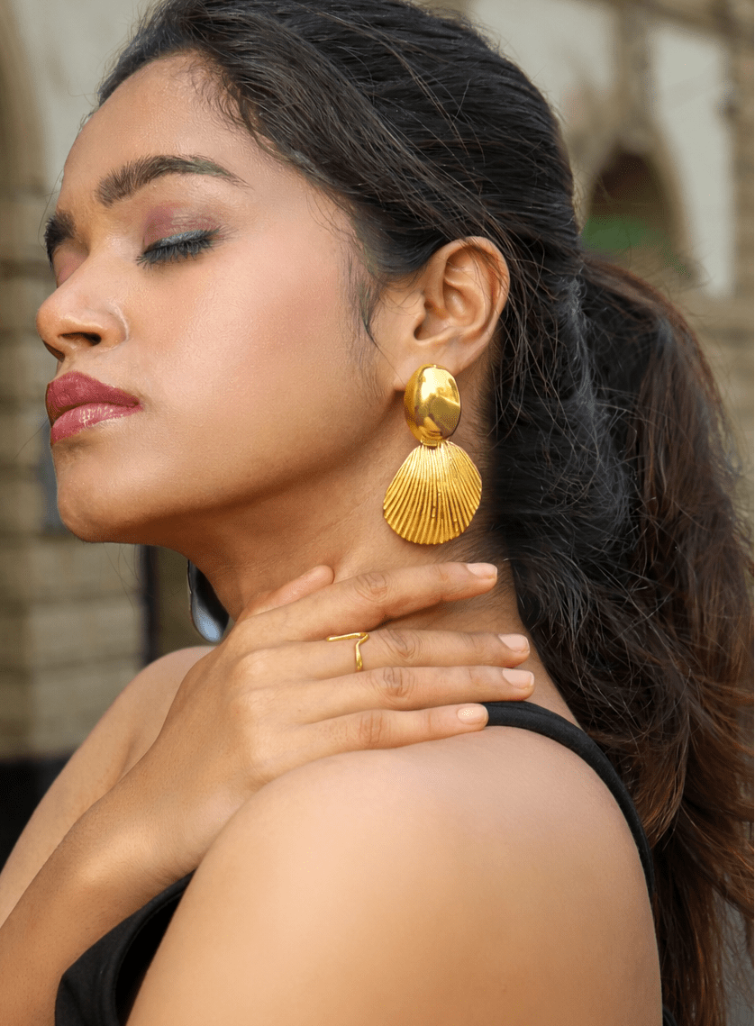 Gold Tone Textured Shell Earrings - Jiaarajewellery