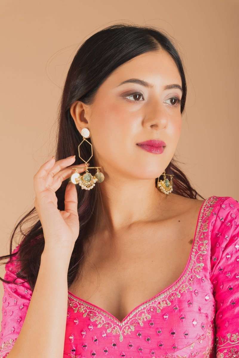 Golden Pentagen drop Stone hanging Earrings - G - Jiaarajewellery