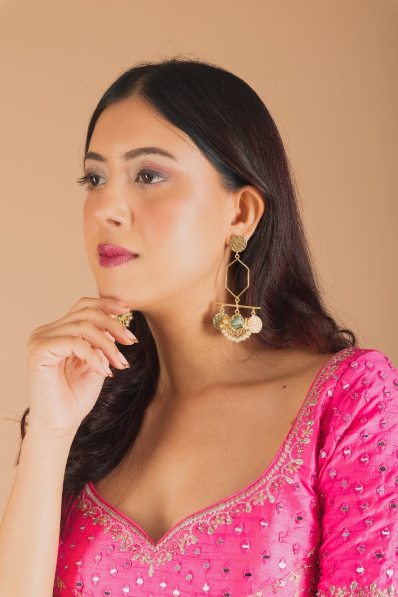 Golden Pentagen drop Stone hanging Earrings - G - Jiaarajewellery