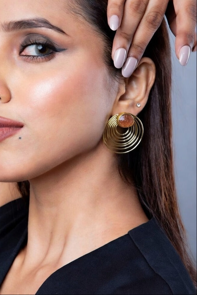 Stone Studded Spiral Earrings- Rust Orange