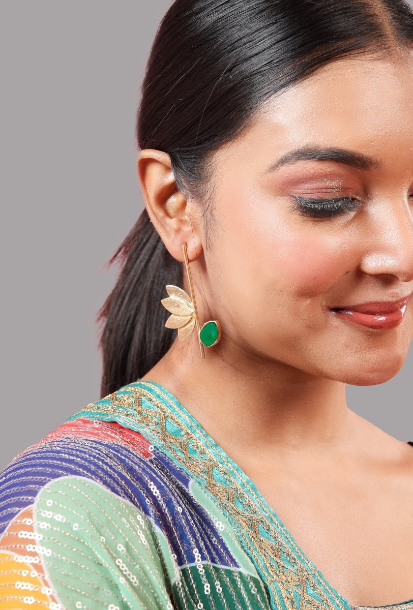 Lotus Stone Dangle Earrings - Green - Jiaarajewellery