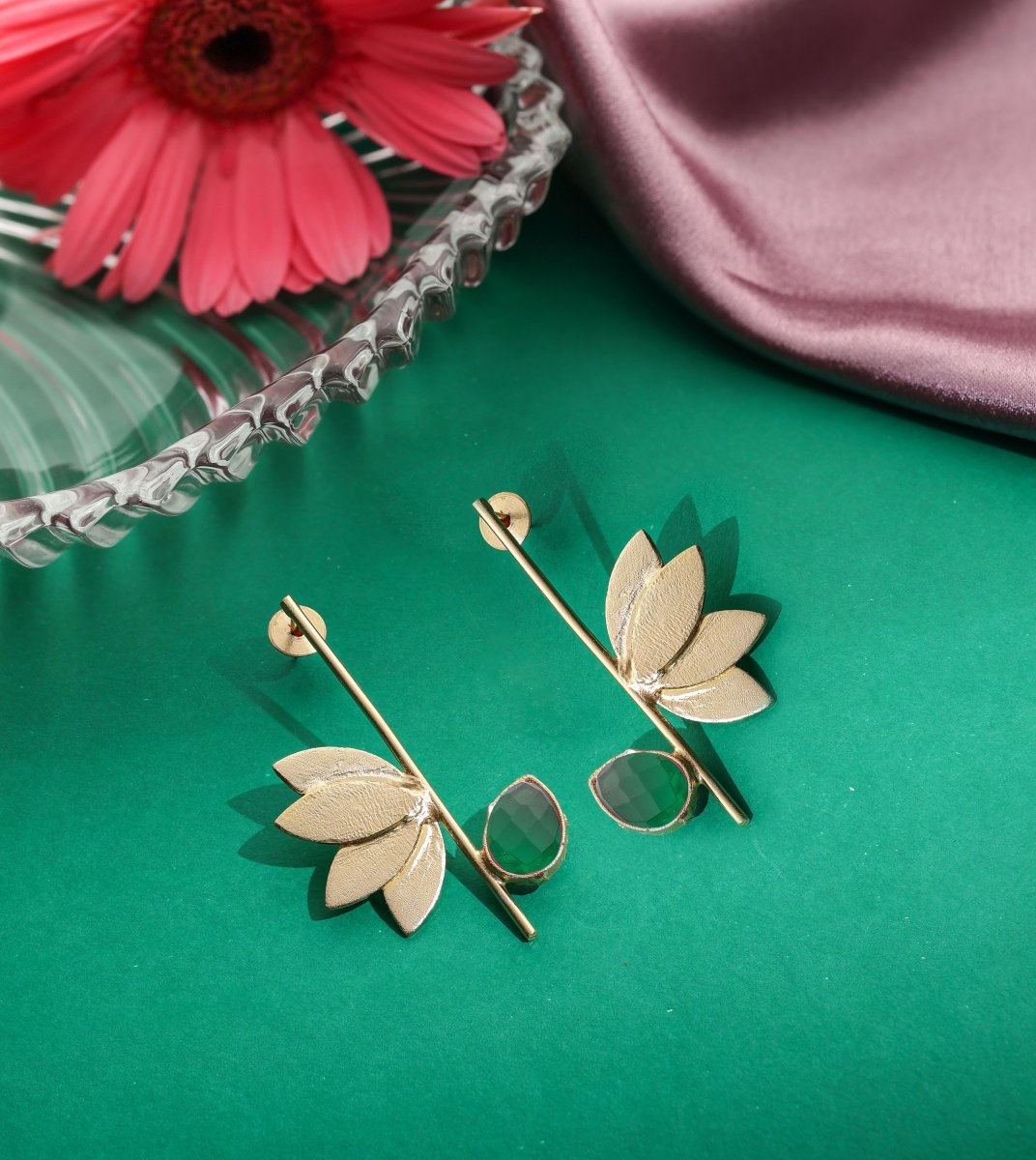 Lotus Stone Dangle Earrings - Green - Jiaarajewellery