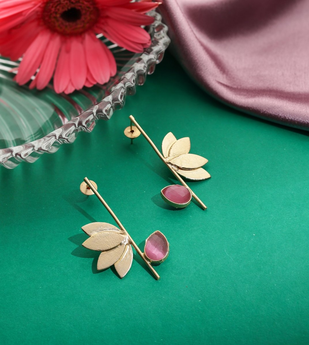Lotus Stone Dangle Earrings - Pink - Jiaarajewellery