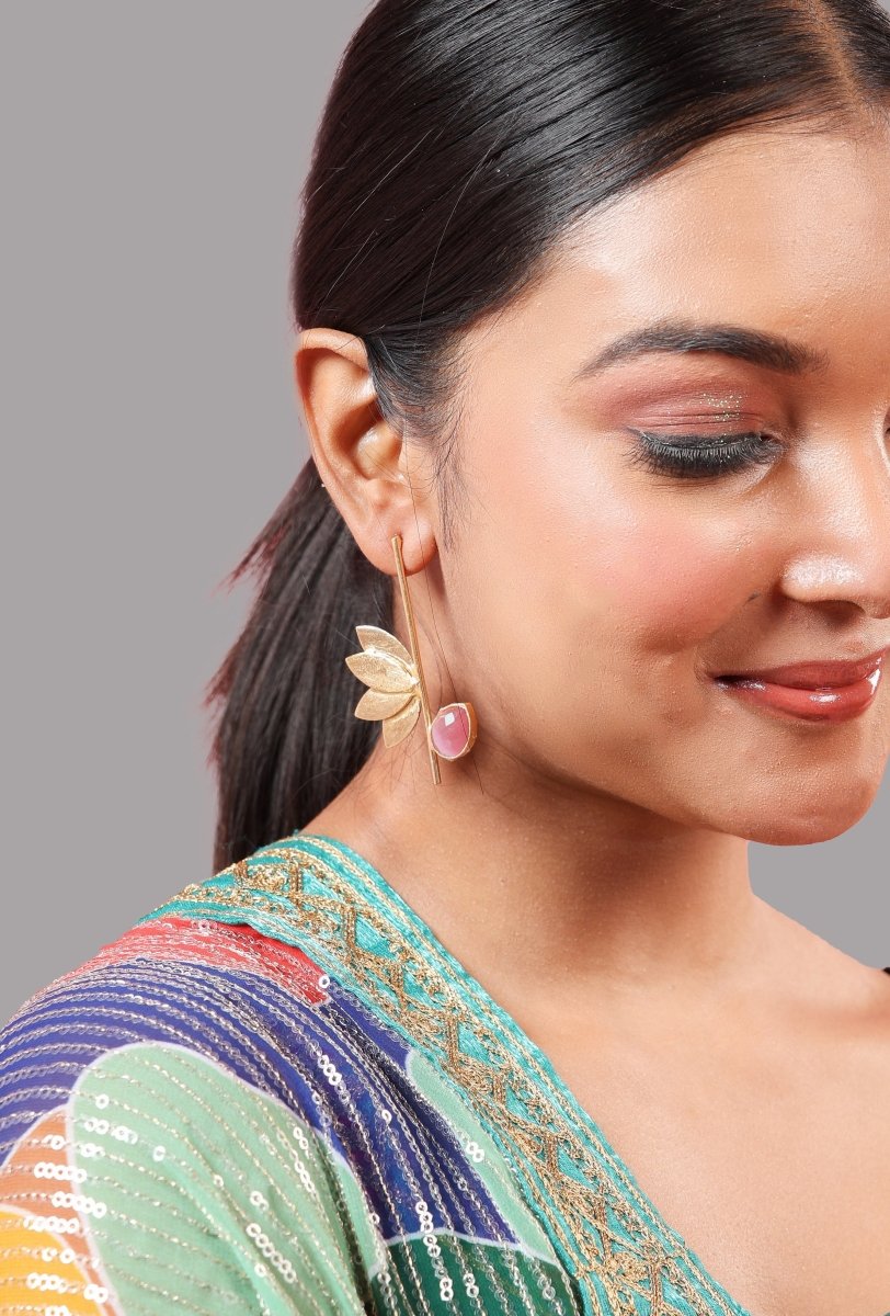 Lotus Stone Dangle Earrings - Pink - Jiaarajewellery
