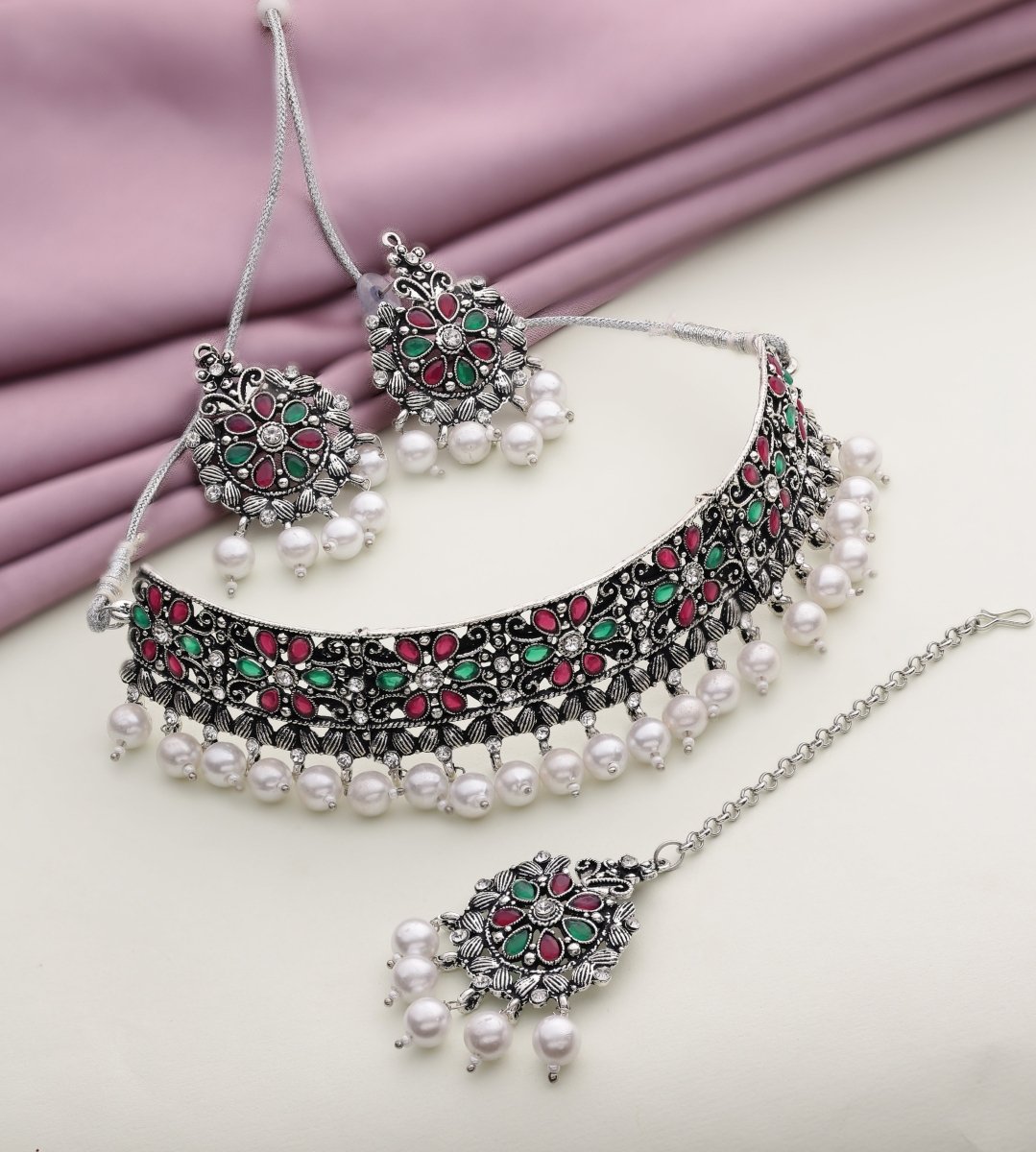 Oxidised Silver Plated Necklace Set - Jiaarajewellery