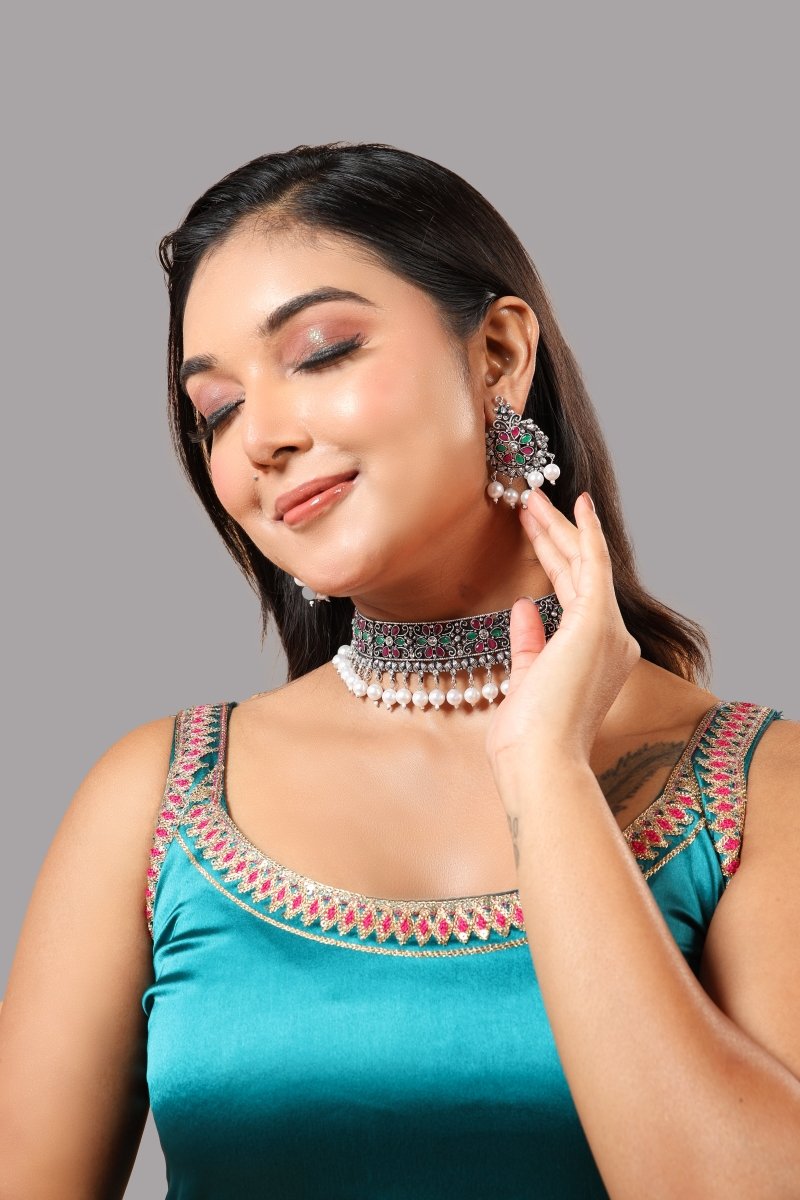 Oxidised Silver Plated Necklace Set - Jiaarajewellery