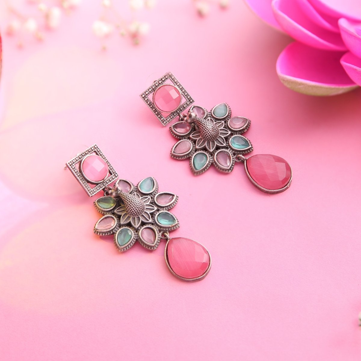 Pink Floral Antique design Oxidised Earrings - Jiaarajewellery