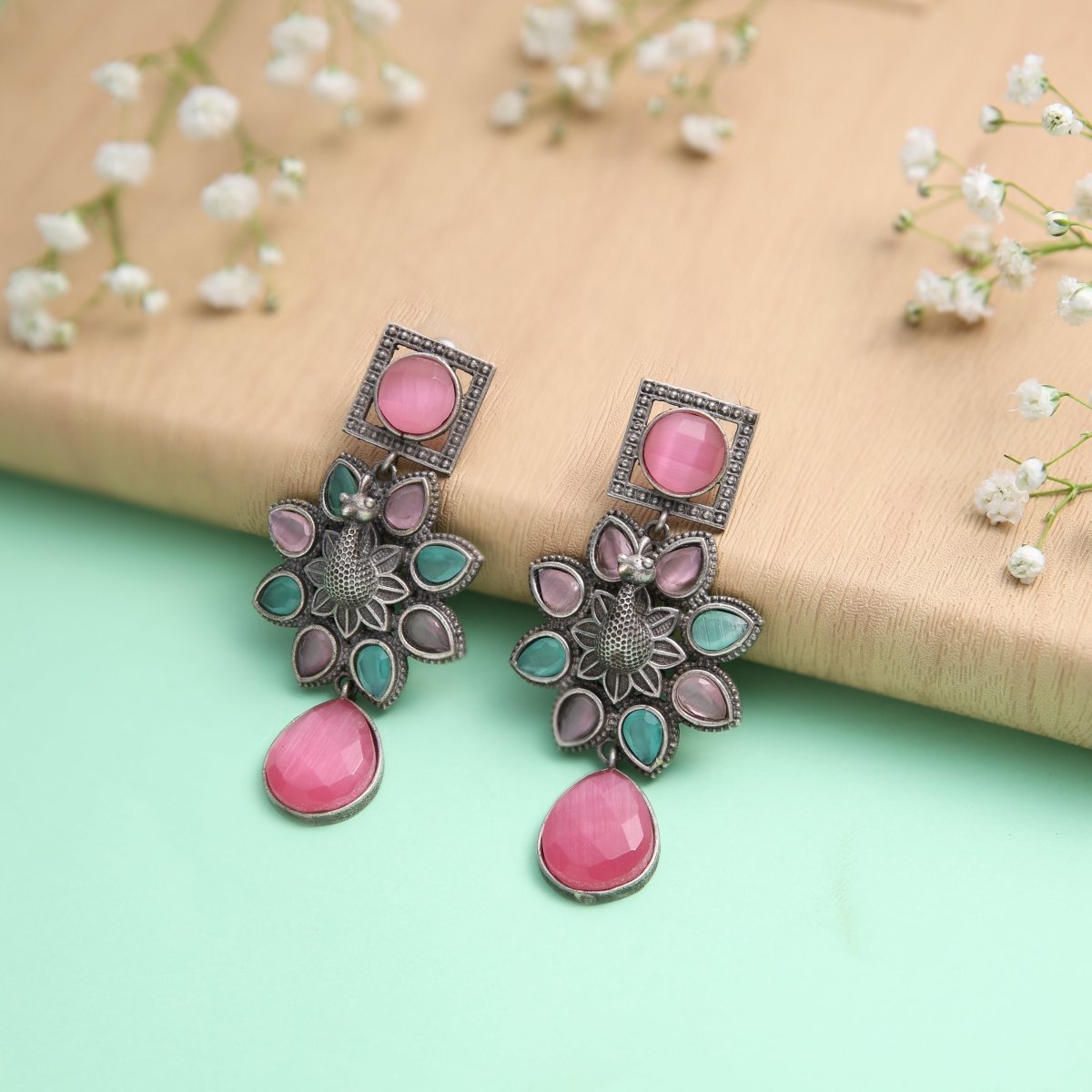 Pink Floral Antique design Oxidised Earrings - Jiaarajewellery