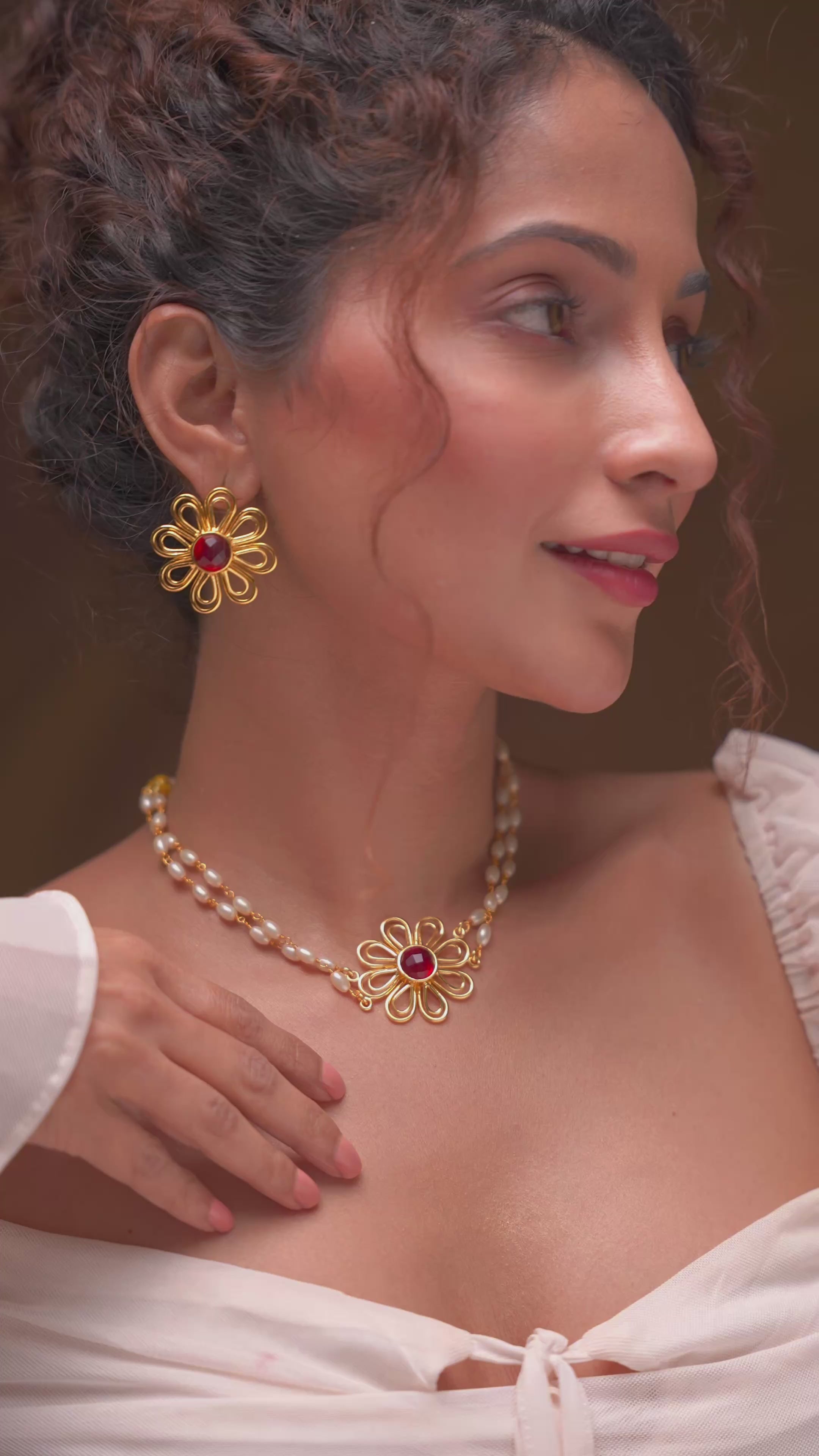 Floral Rice Bead Necklace Set- Ruby