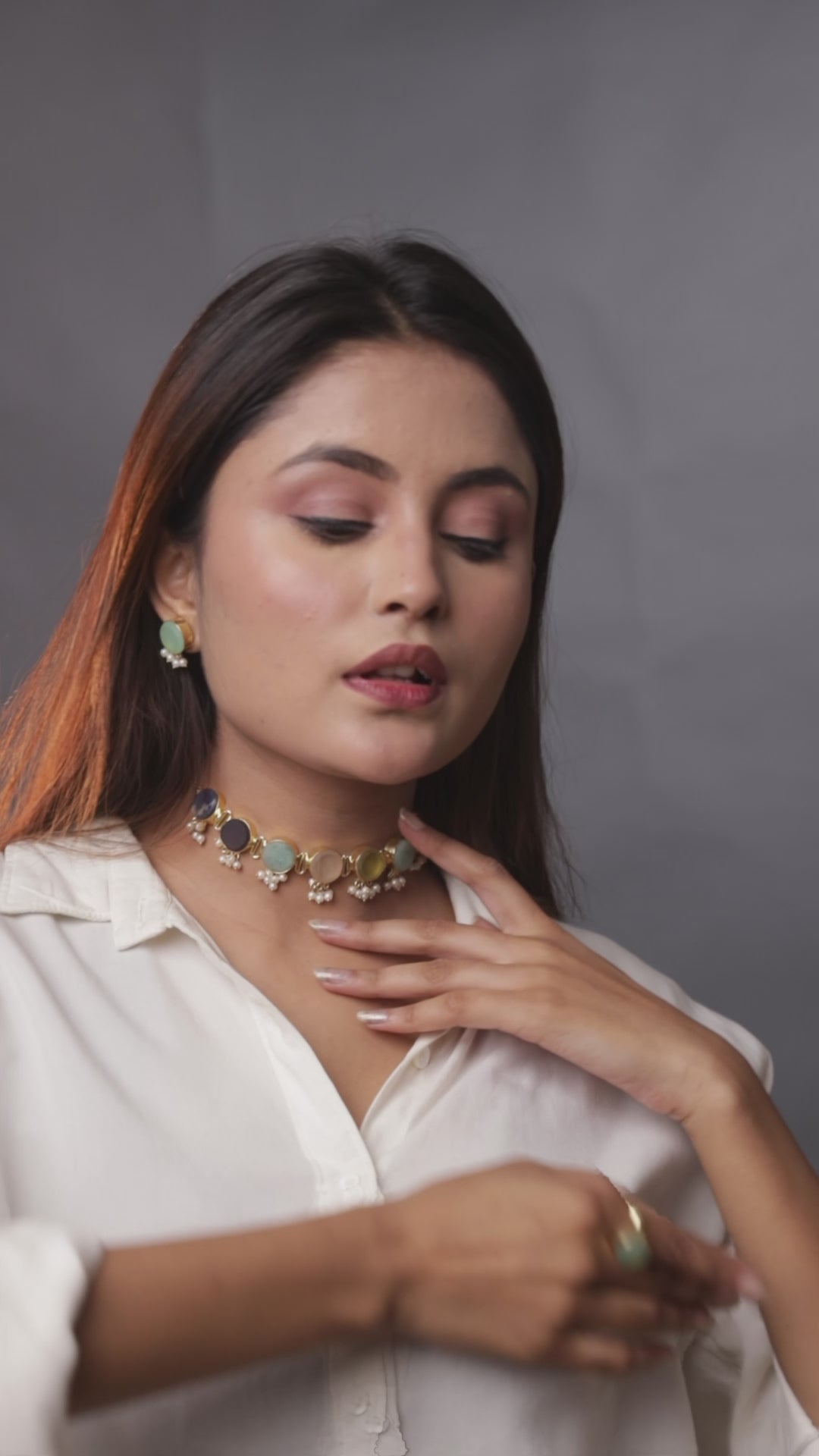 Whispering Stones Multicolor Choker Set with Round Earrings