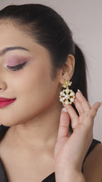 Gold Tone Pearl Studded Floral Earrings