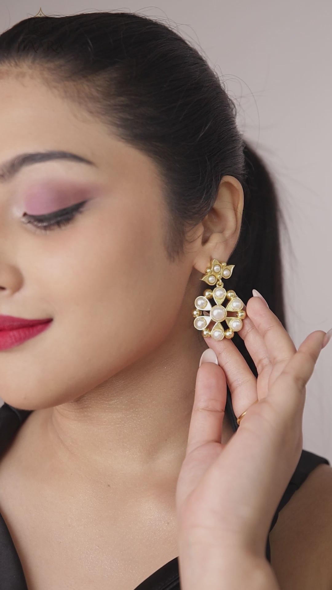 Gold Tone Pearl Studded Floral Earrings