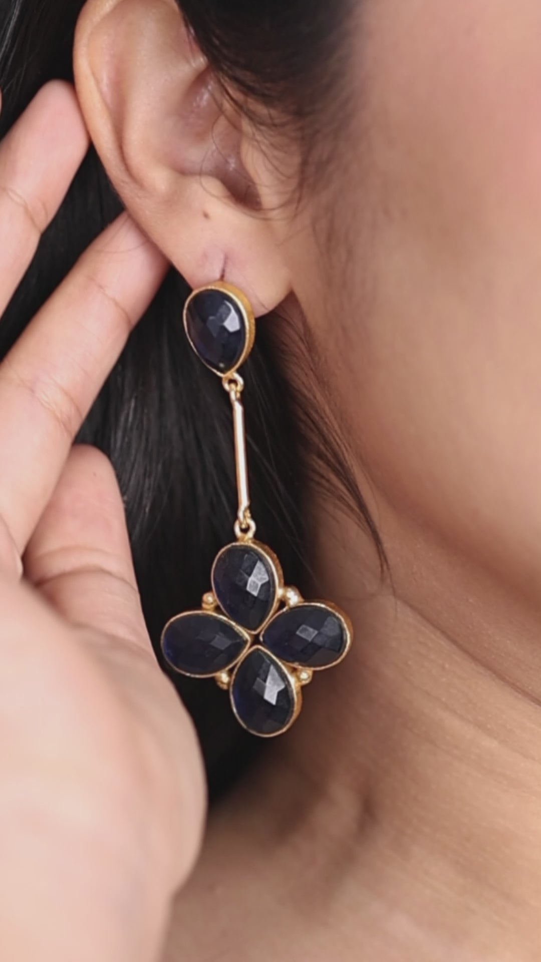 Floral Glossy Stone Dangle Earrings-Blue