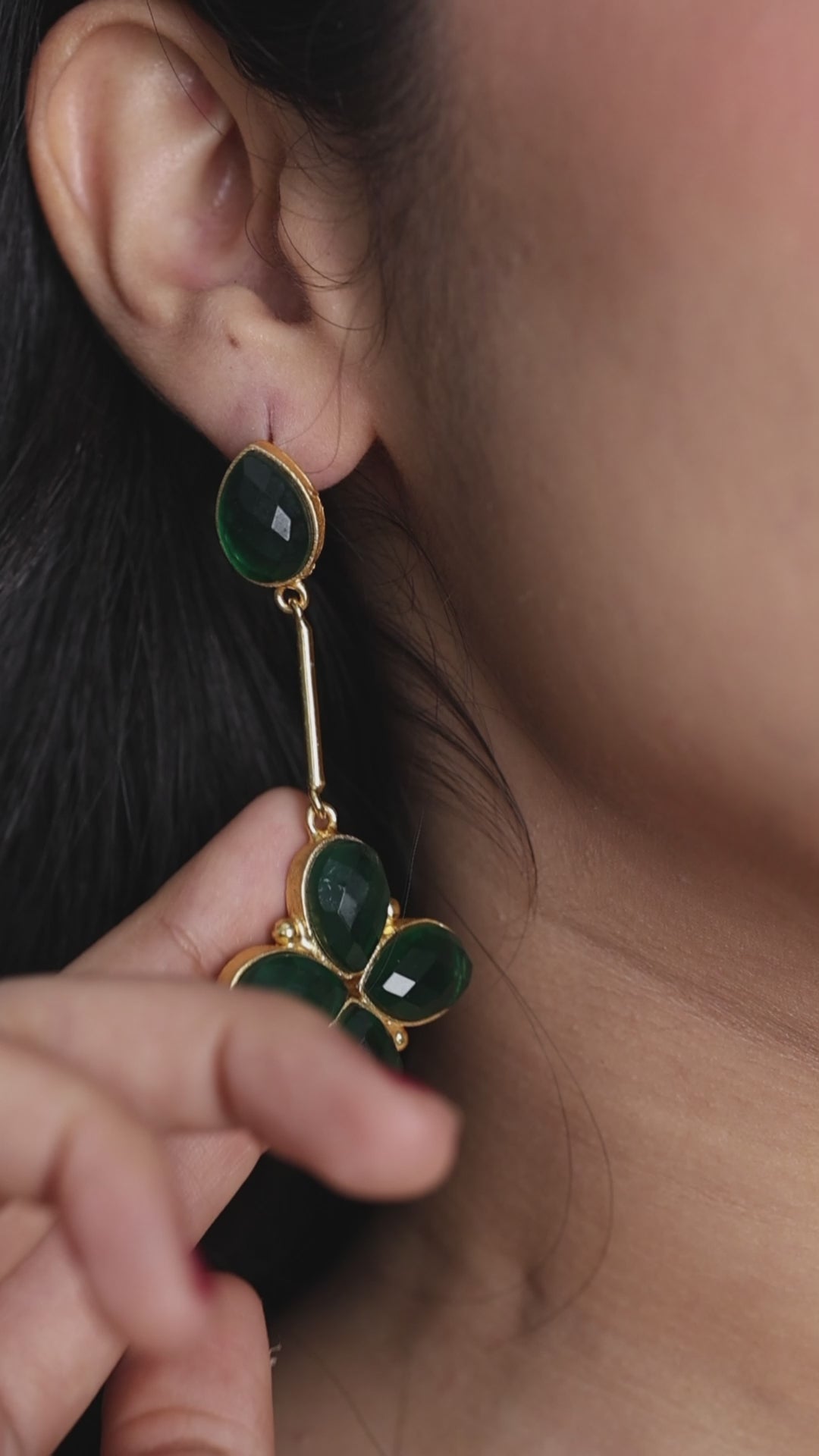 Floral Glossy Stone Dangle Earrings-Green