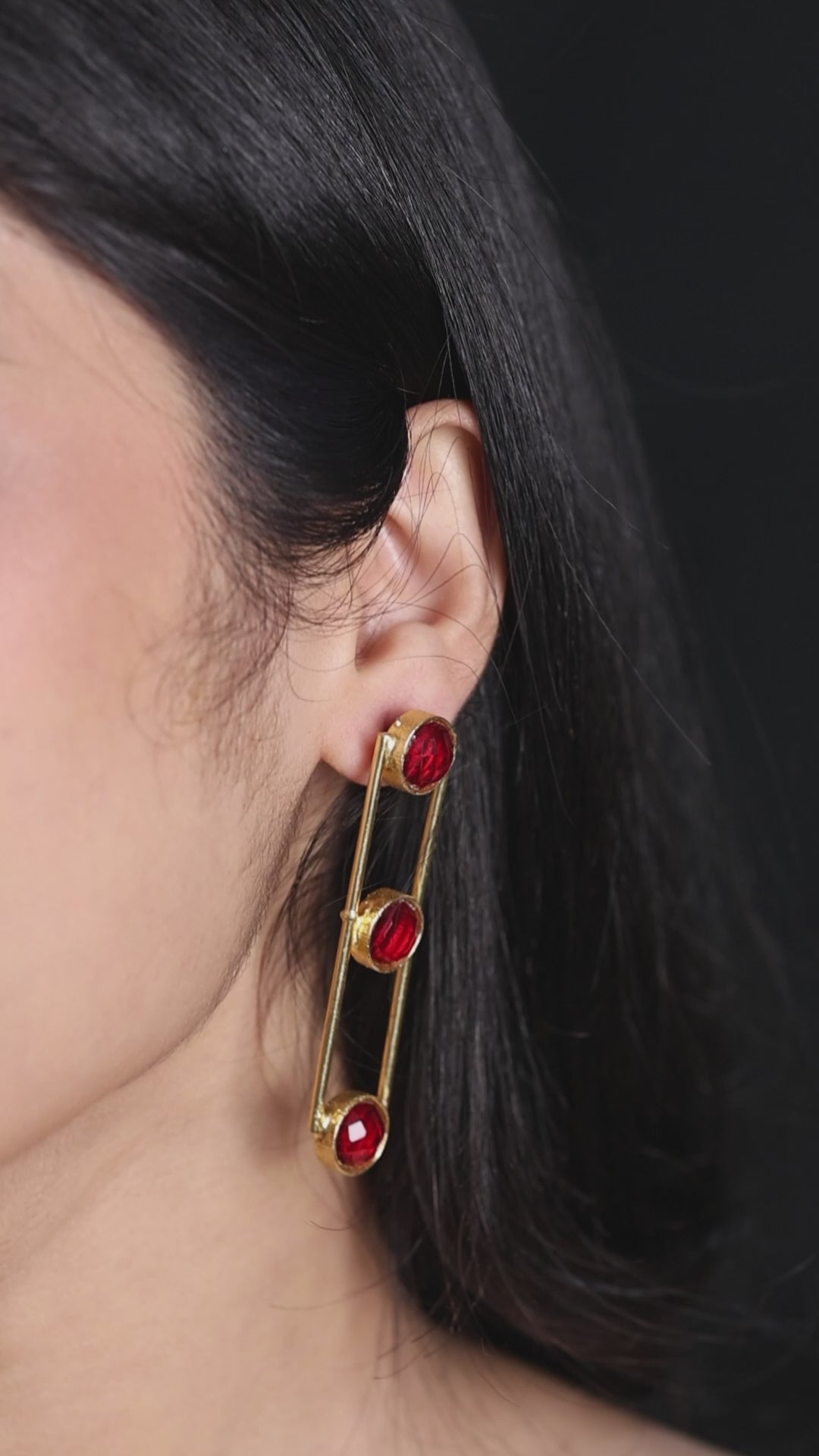 Tri Stone Dangle Earrings-Red