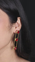 Tri Stone Dangle Earrings-Red