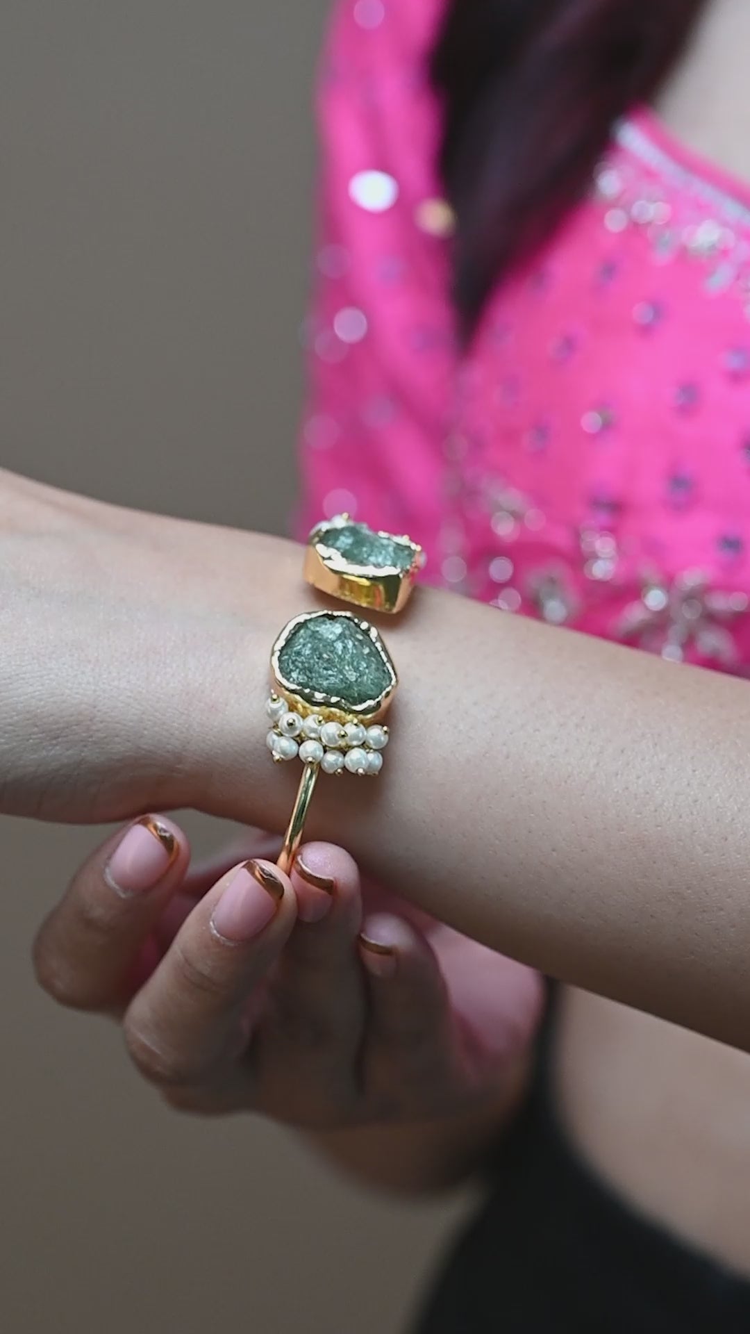 Handcrafted Dual Green Natural Stone Handcuff Bracelet