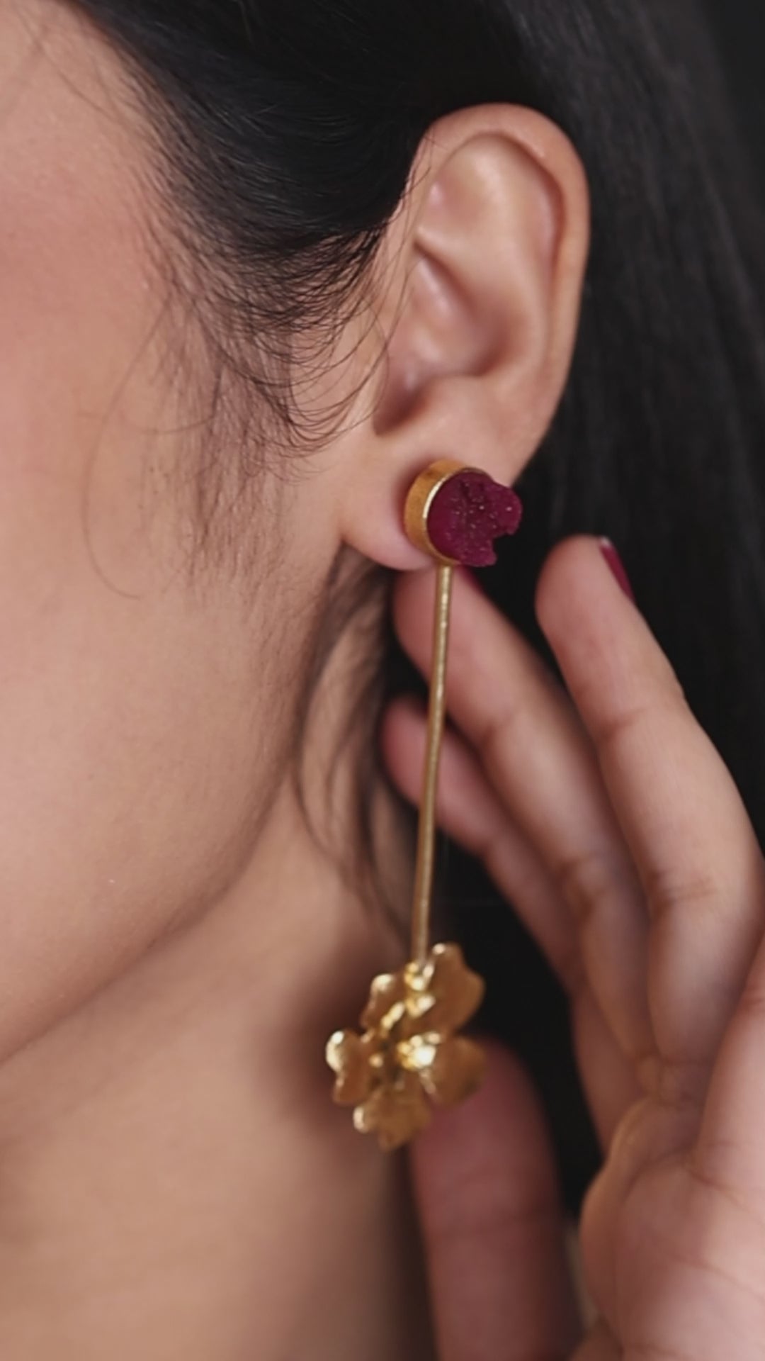 Stone & Flower Updown Earrings-R