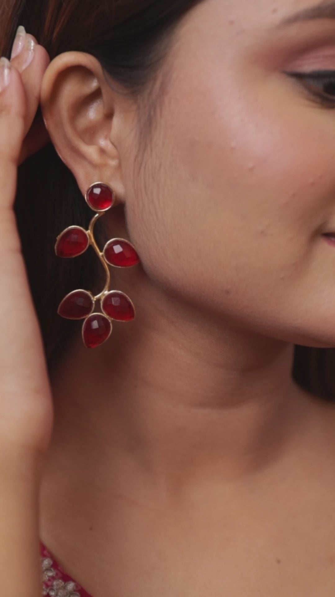 Crystal Cascade Wavy Leaf Earrings-Red