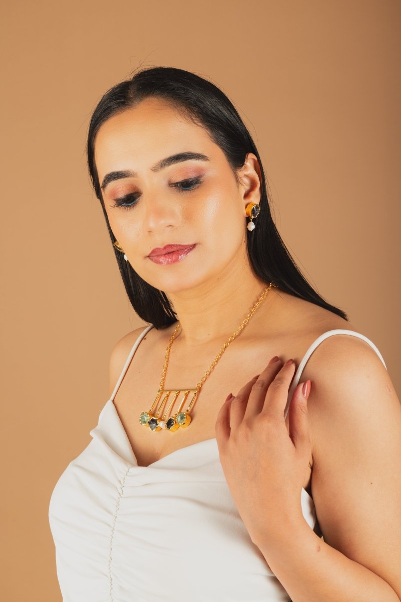 Rawstone glow 5 Stone drop Necklace Set - Jiaarajewellery