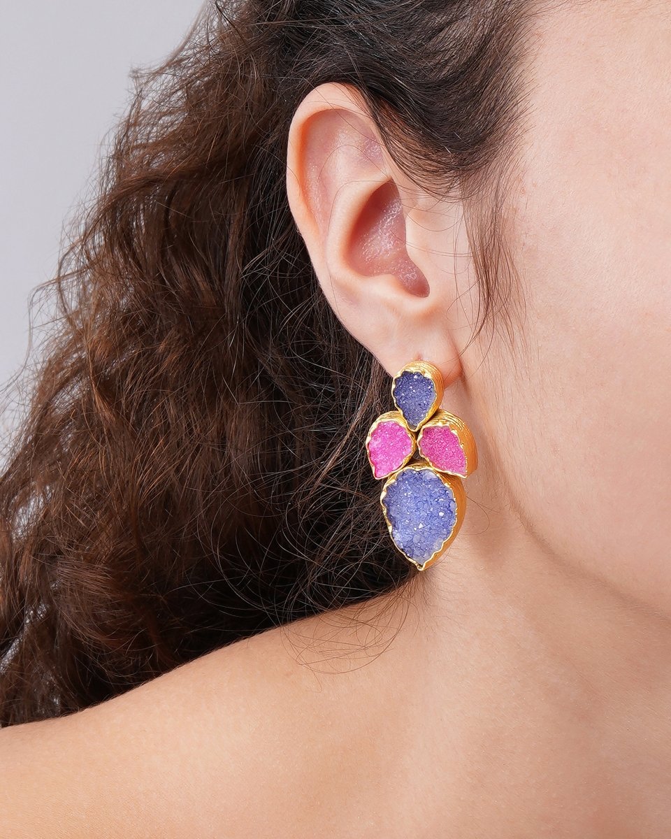 Regal Baroque & Druzy Pink Floral Earrings - Jiaarajewellery