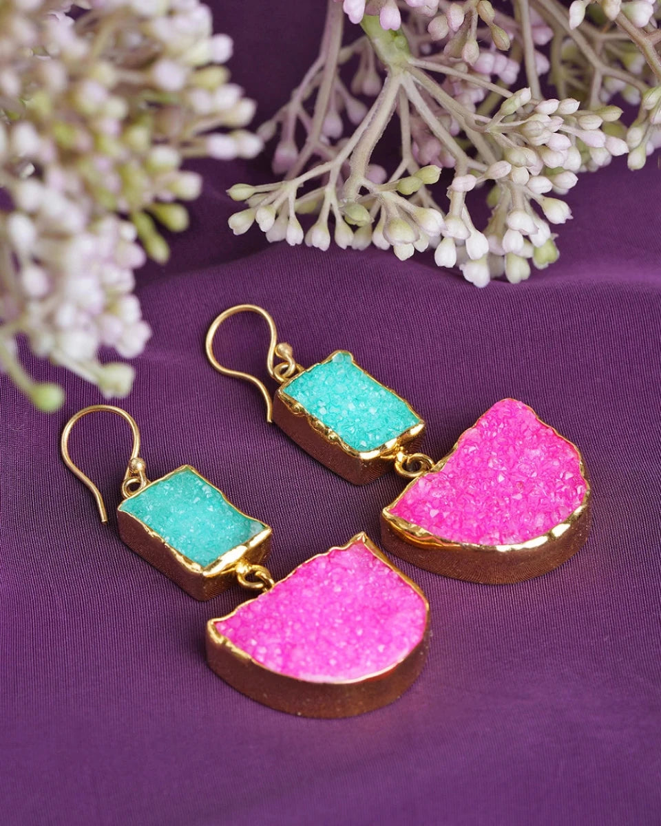 Solar Druzy dual color Fuchsia Drop Earrings - Jiaarajewellery