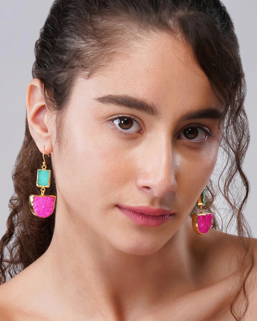 Solar Druzy dual color Fuchsia Drop Earrings - Jiaarajewellery