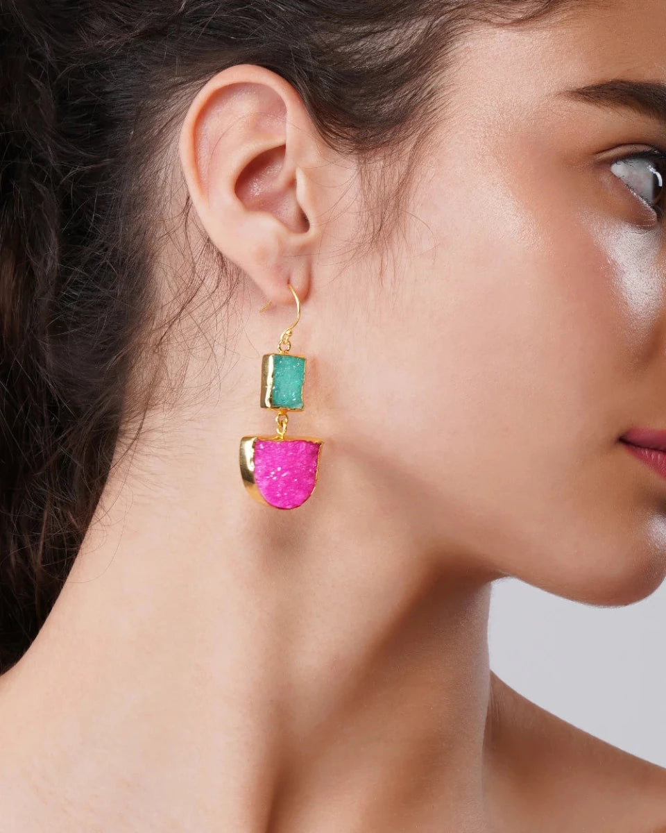 Solar Druzy dual color Fuchsia Drop Earrings - Jiaarajewellery