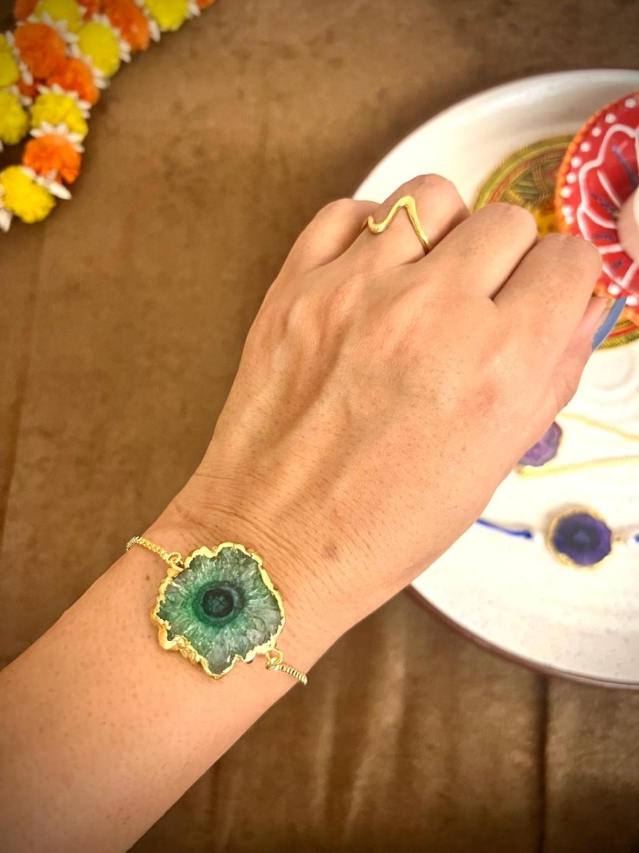 Solar Druzy Stone Chain Rakhi- Turquoise - Jiaarajewellery