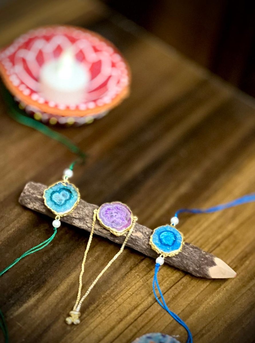 Solar Druzy Stone Thread Rakhi - Turquoise - Jiaarajewellery