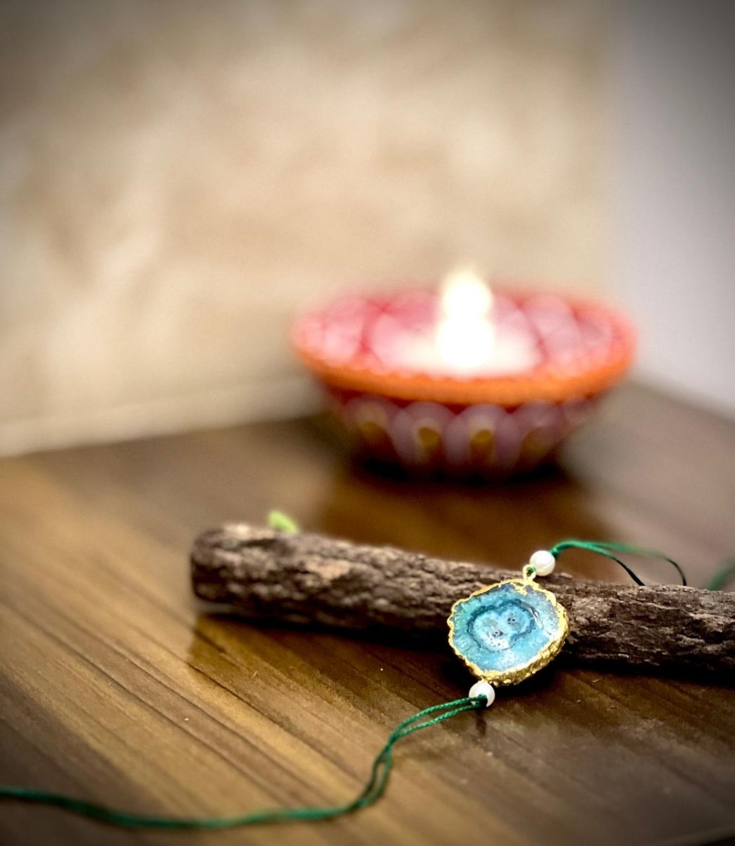 Solar Druzy Stone Thread Rakhi - Turquoise - Jiaarajewellery