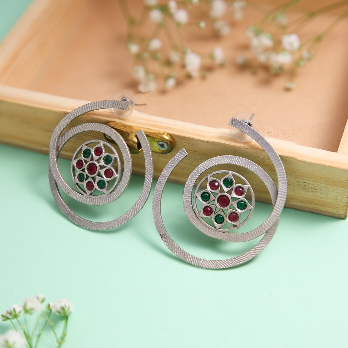 Spiral Stone Studded Oxidised Earrings - Jiaarajewellery