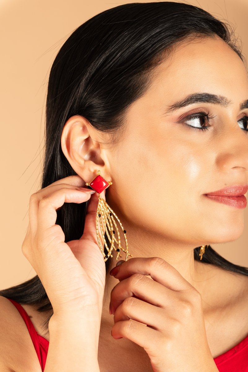 Square Stone waterfall Geometric Earrings - R - Jiaarajewellery