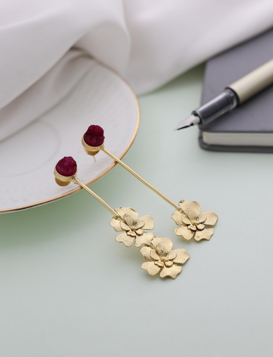 Stone & Flower Updown Earrings - R - Jiaarajewellery