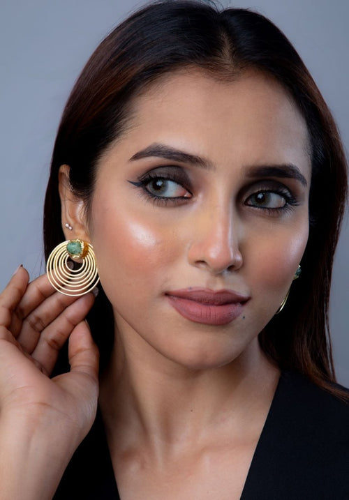 Stone Studded Spiral Earrings - Green - Jiaarajewellery
