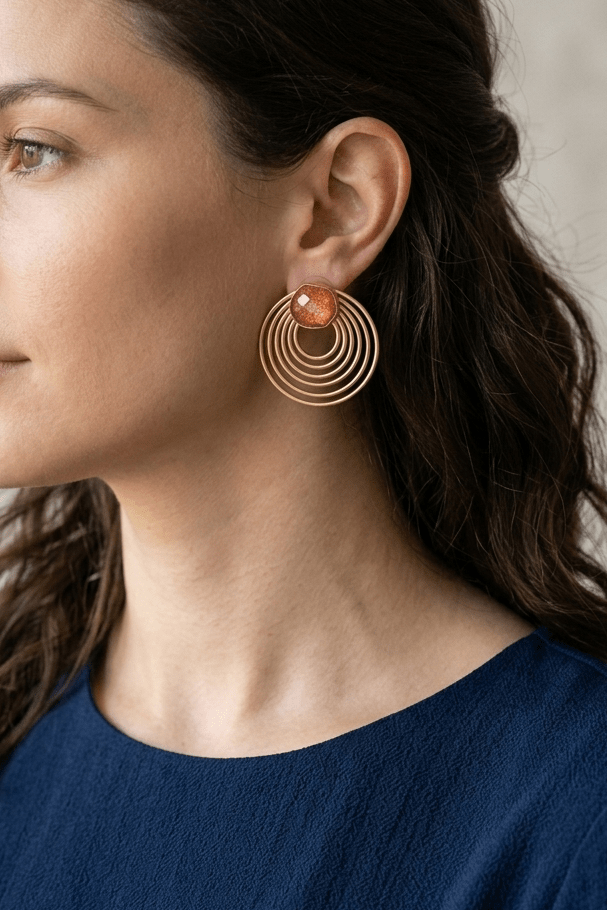 Stone Studded Spiral Earrings- Rust Orange - Jiaarajewellery