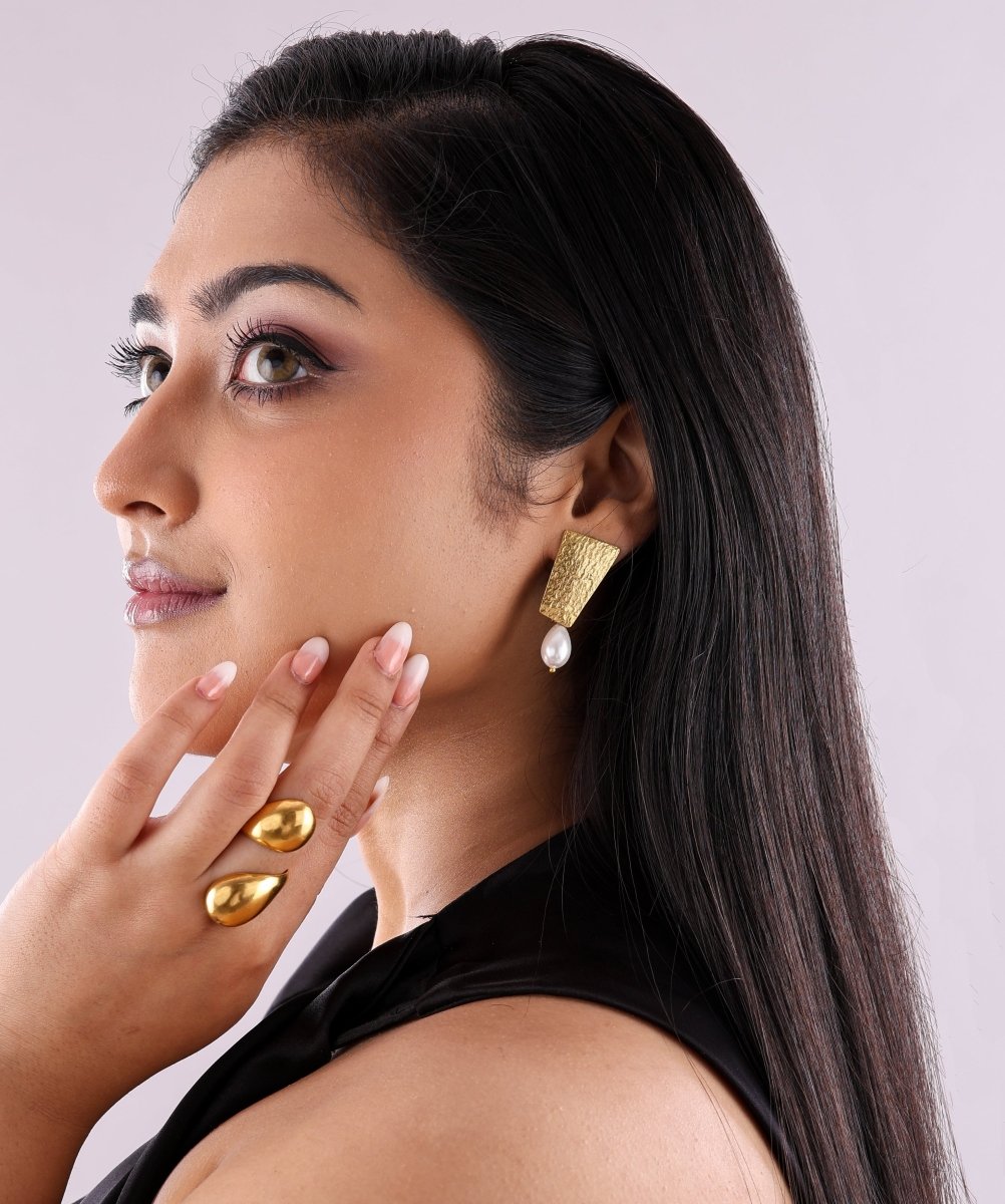 Textured Brass plate Pearl Drop Earrings - Jiaarajewellery