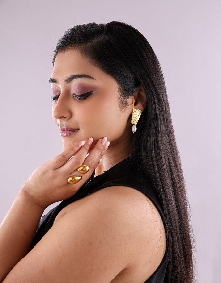 Textured Brass plate Pearl Drop Earrings - Jiaarajewellery