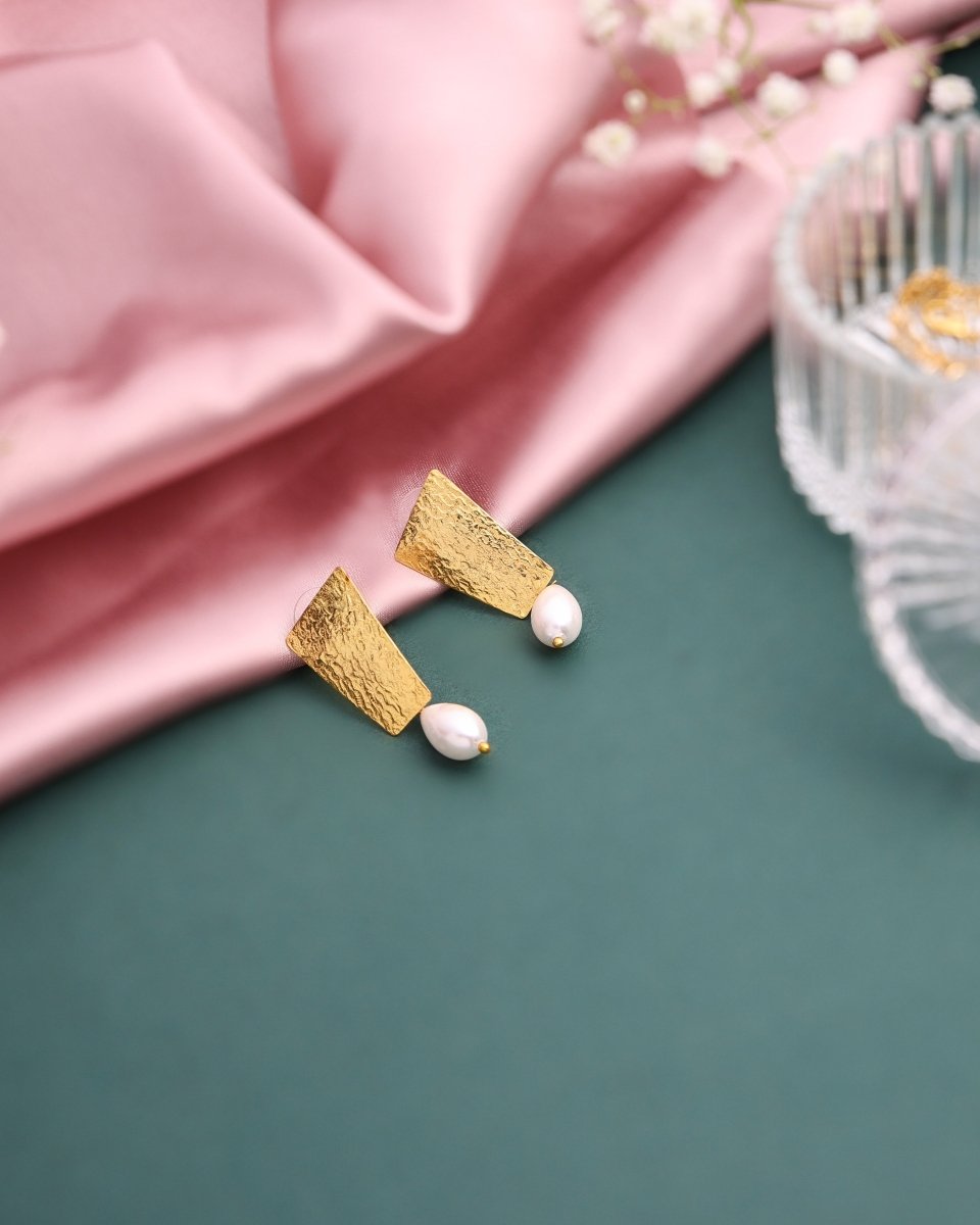 Textured Brass plate Pearl Drop Earrings - Jiaarajewellery
