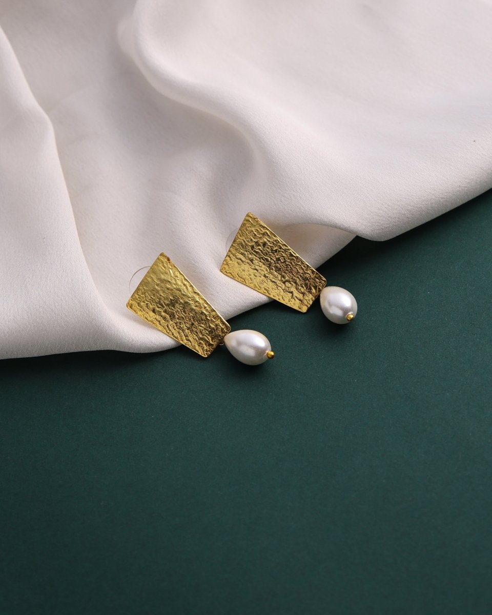 Textured Brass plate Pearl Drop Earrings - Jiaarajewellery
