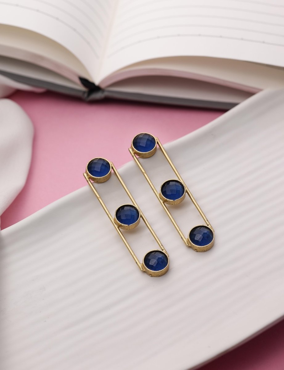Tri Stone Dangle Earrings - Blue - Jiaarajewellery