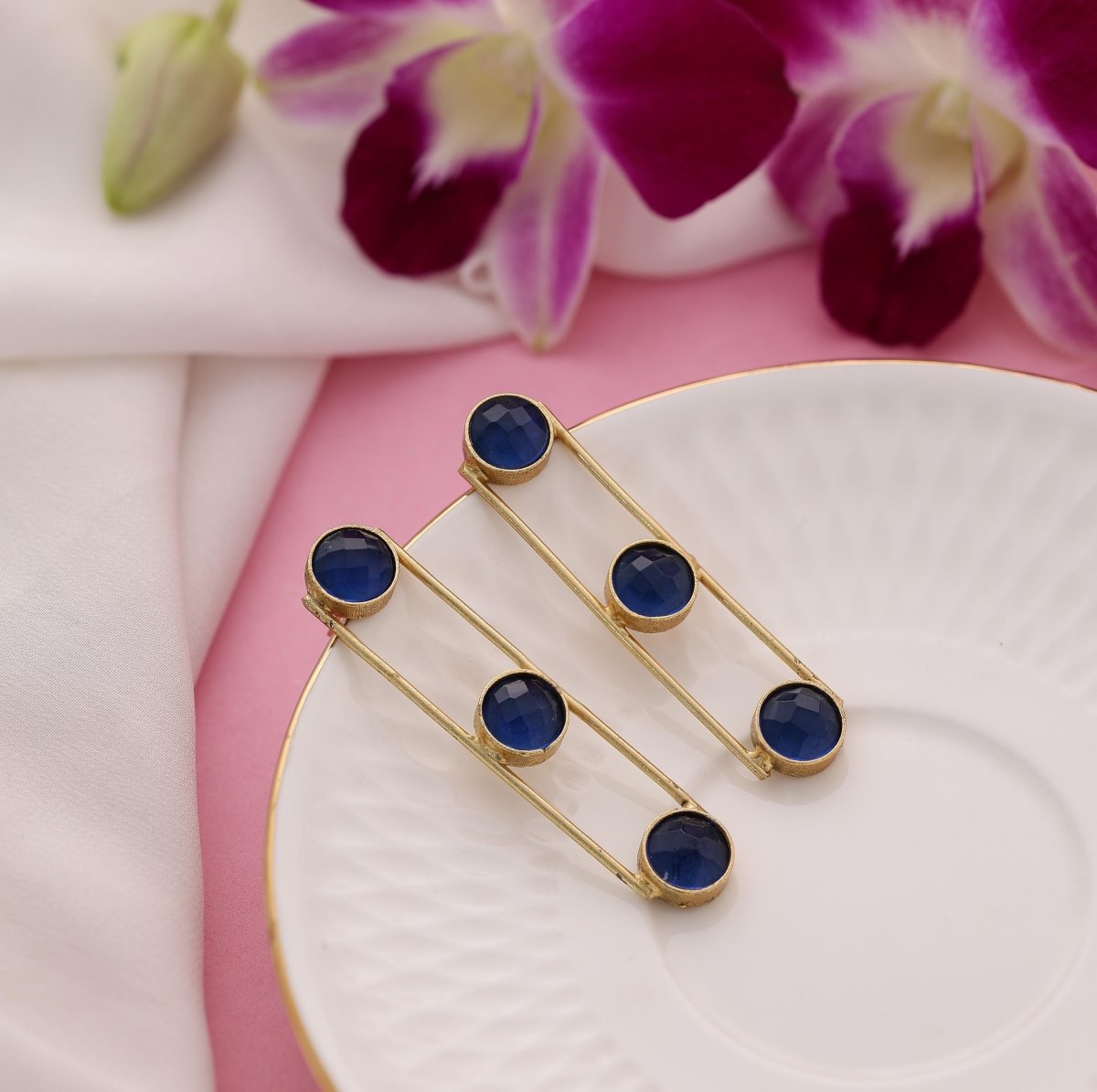 Tri Stone Dangle Earrings - Blue - Jiaarajewellery