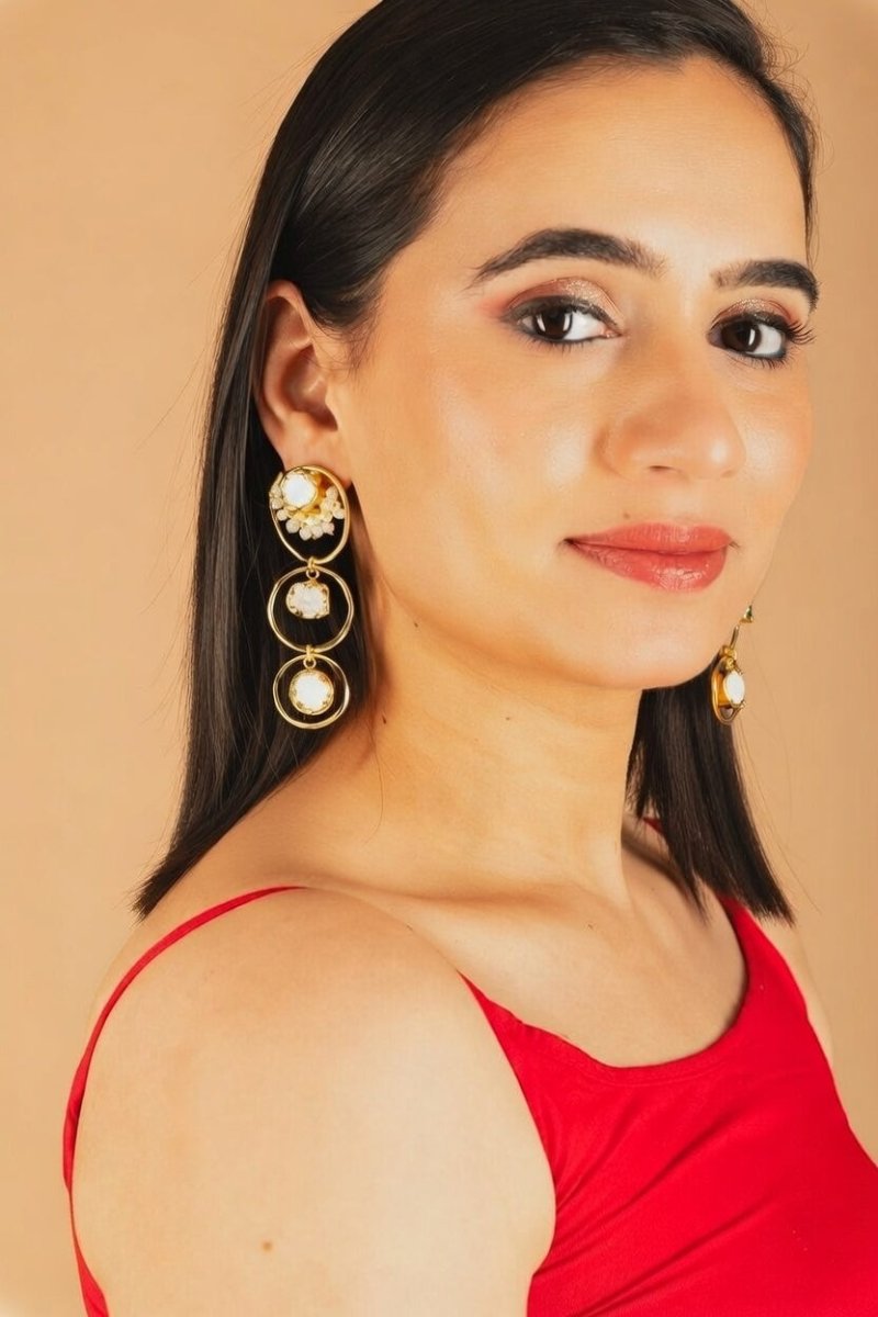 Tri Stone drop loop Earrings - White - Jiaarajewellery