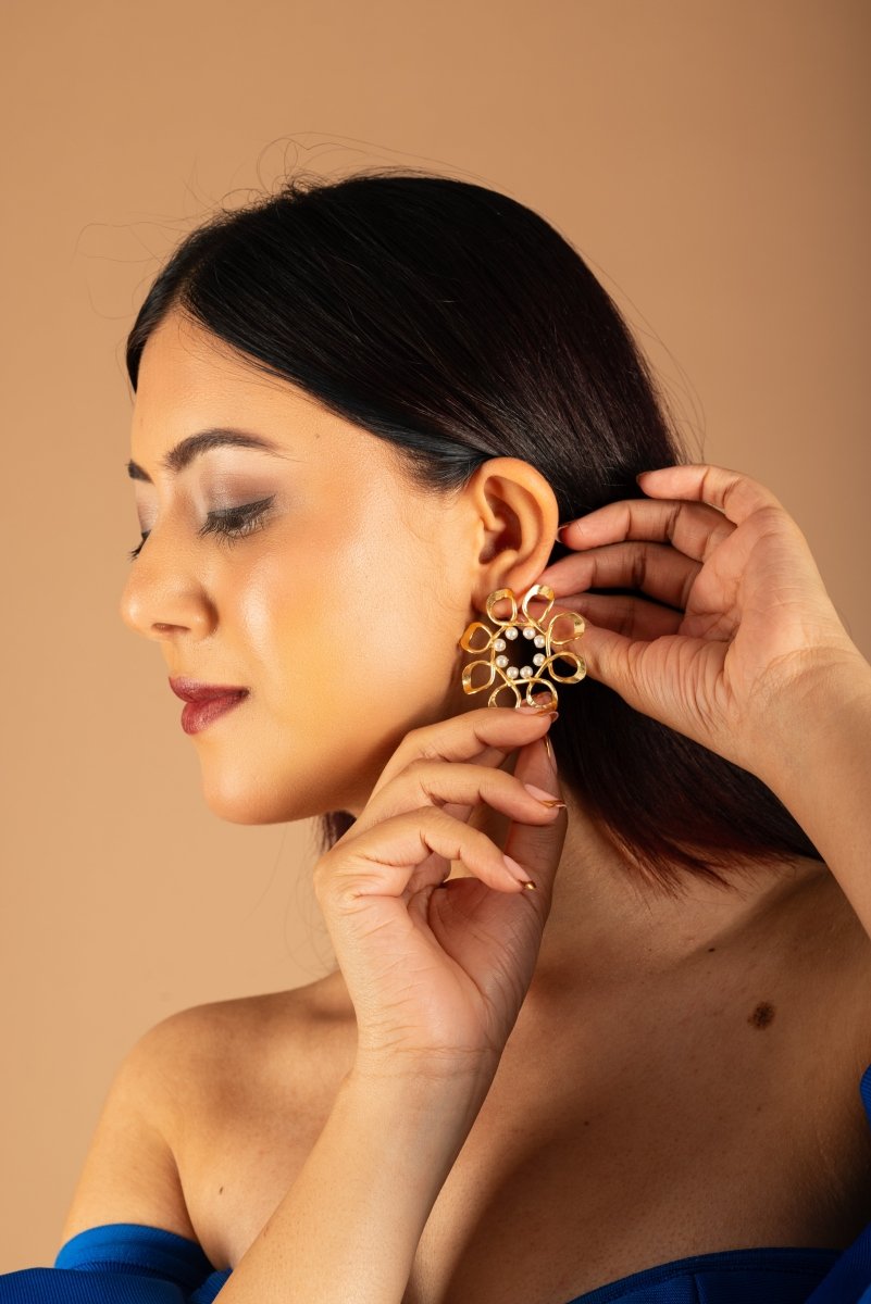 Twist & Twirl Pearl Studded Flower Earrings - Jiaarajewellery