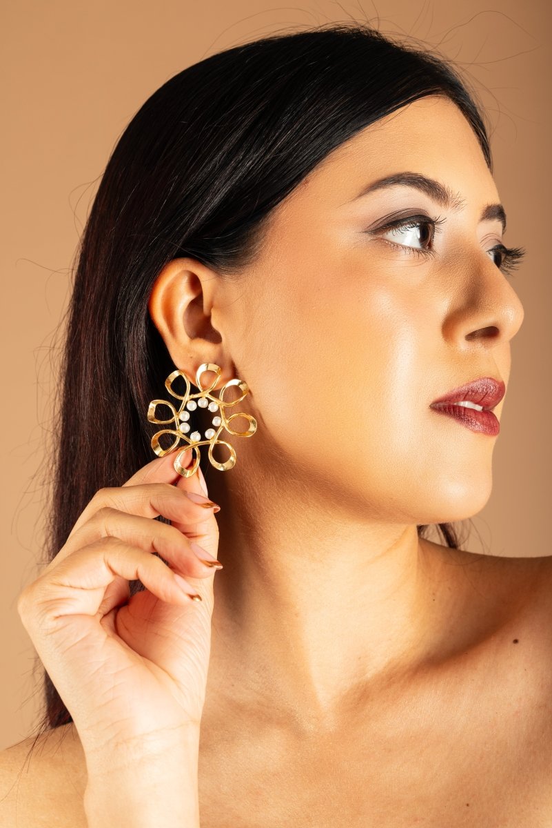Twist & Twirl Pearl Studded Flower Earrings - Jiaarajewellery