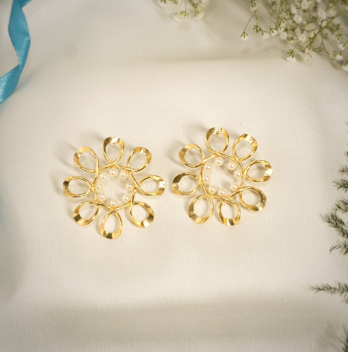 Twist & Twirl Pearl Studded Flower Earrings - Jiaarajewellery