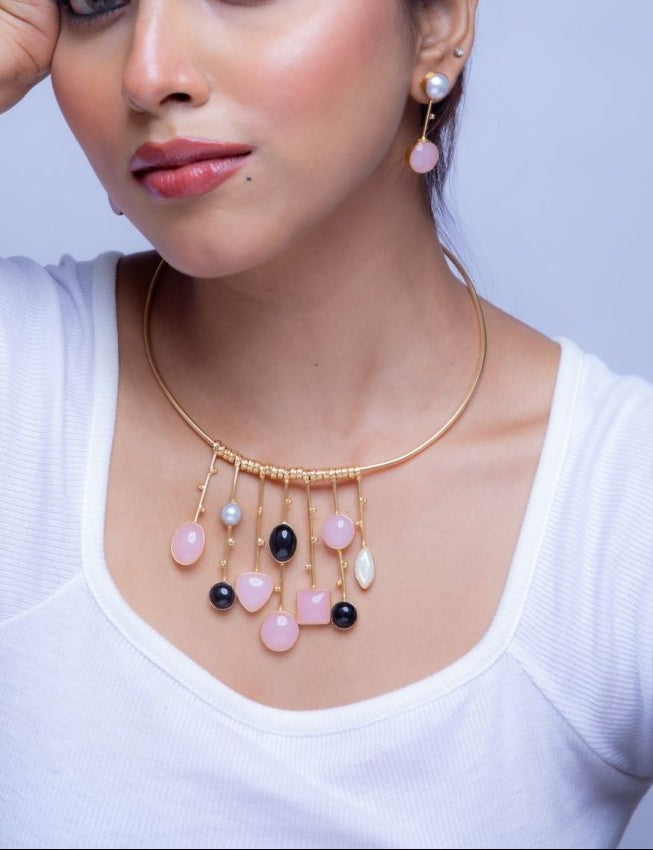 Winterline Hasli Pink - black Necklace - Jiaarajewellery