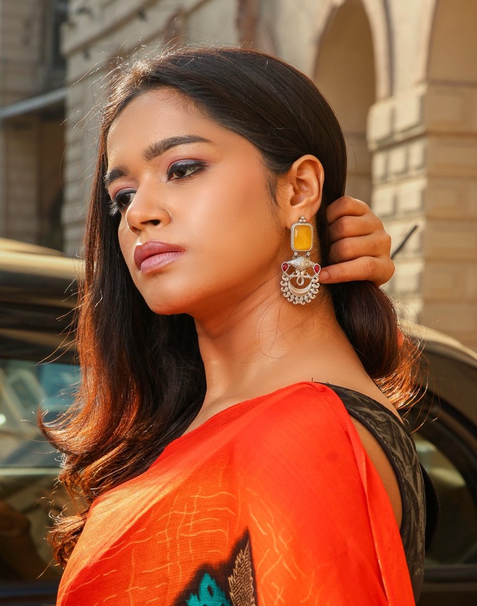 Yellow stone Studded Oxidised Plated Earrings - Jiaarajewellery